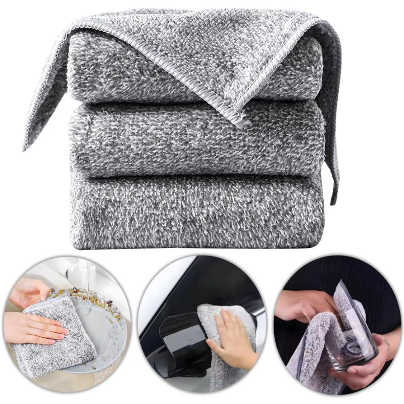 10pcs Gray Bamboo Charcoal Thickened Super Absorbent Dishcloth Oil Resistant Kitchen Wipes Microfiber Cleaning Cloths