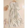 Summer Dress Women Long Print Elegant Clothing Vintage Elastic Waist Korean Beach Style V-Neck Robe