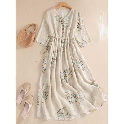 Summer Dress Women Long Print Elegant Clothing Vintage Elastic Waist Korean Beach Style V-Neck Robe