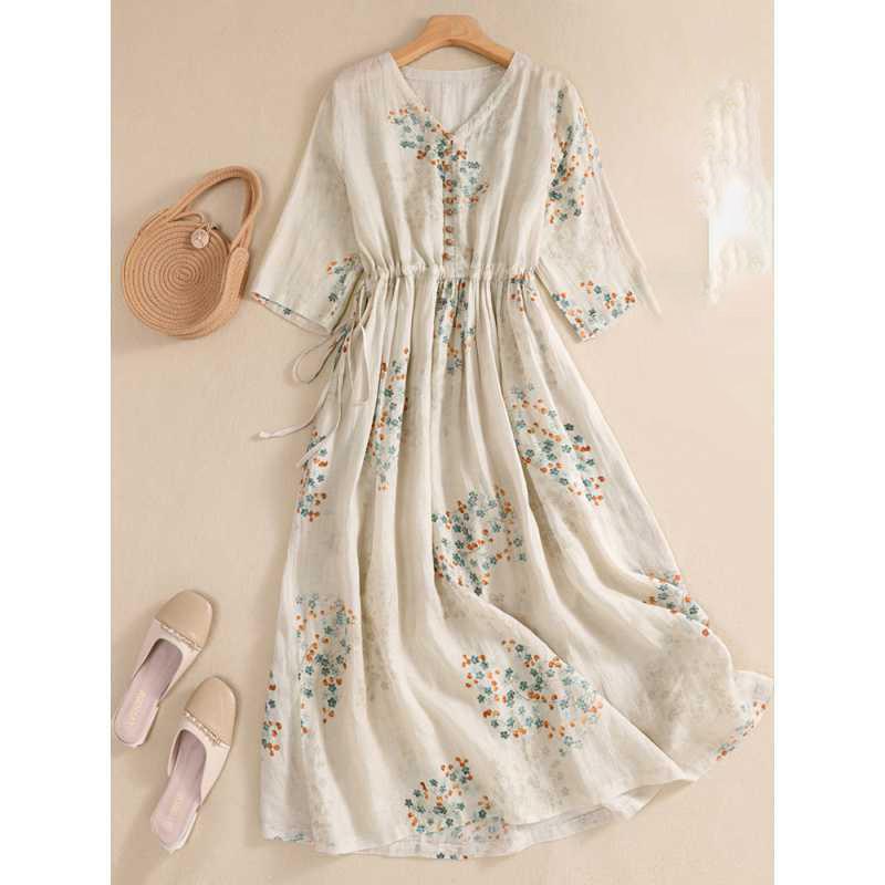 Summer Dress Women Long Print Elegant Clothing Vintage Elastic Waist Korean Beach Style V-Neck Robe