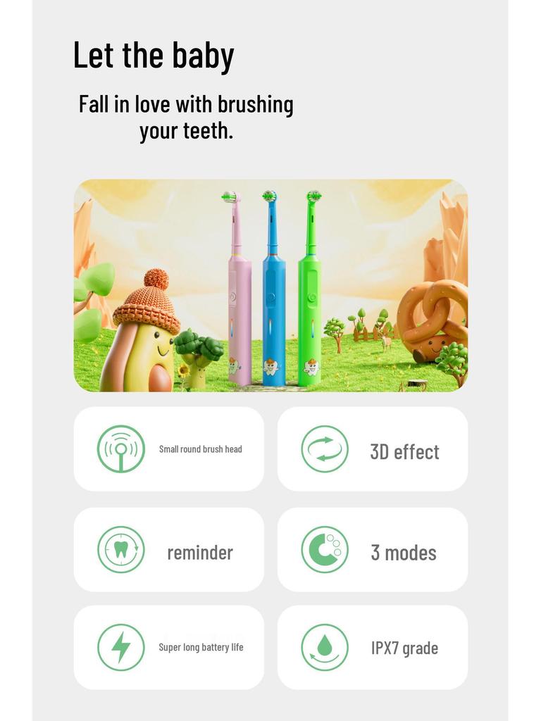 Children's Electric Toothbrush with 360° Rotation, Rechargeable, Suitable for Ages 3-12, and Adults.