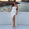 Womens Early Fall Solid Color Sexy Slip Dress Pleated Waist Backless High Slit Long