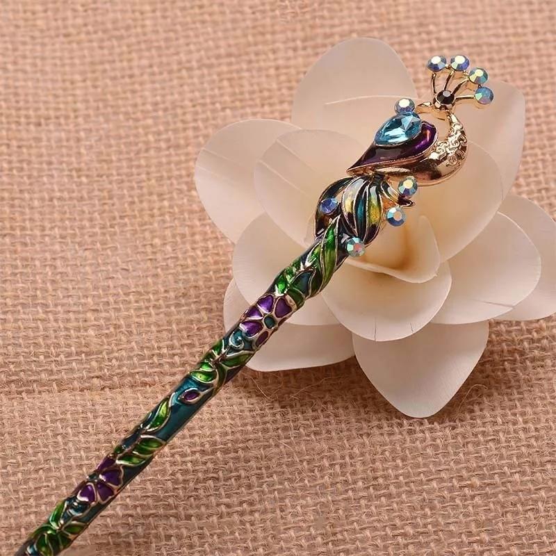 Retro Women Enamel Crystal Peacock Hair Stick Pin Chinese Style Handmade Accessories Ladies Gentle and Elegant Jewelry Headwear