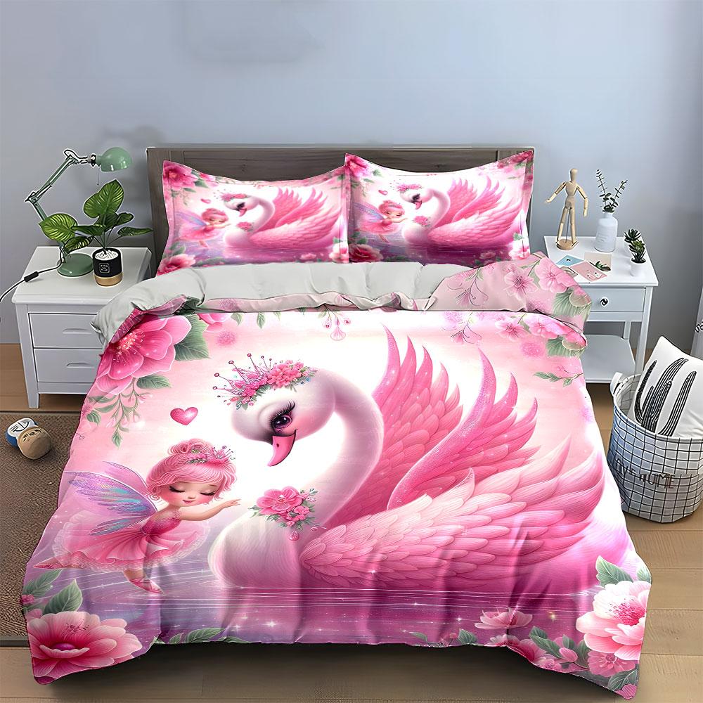 Pink Fairy And Swan Fantasy Set  Kid'S And Adults' Bedroom Decor, Exquisite Three-Piece Bedding Set Gift