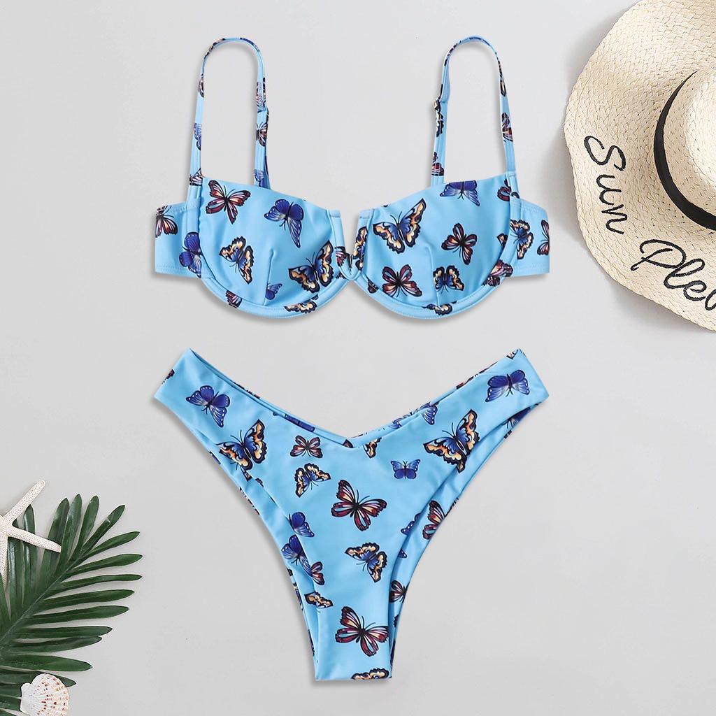 Women Butterfly Print High Waist Two Pieces Bikini Swimwear Swimsuit Beachwear