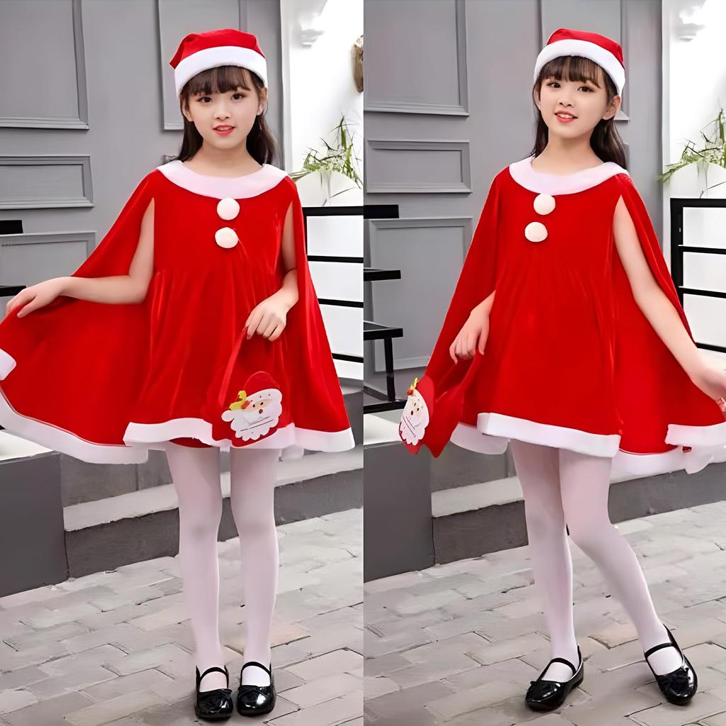 Matreeglam Santa Cosplay Set for Includes Poncho Dress and Cute Christmas Fluffy and Perfect for School Stage and Girls, 3-Piece Set, Hat. Costume,