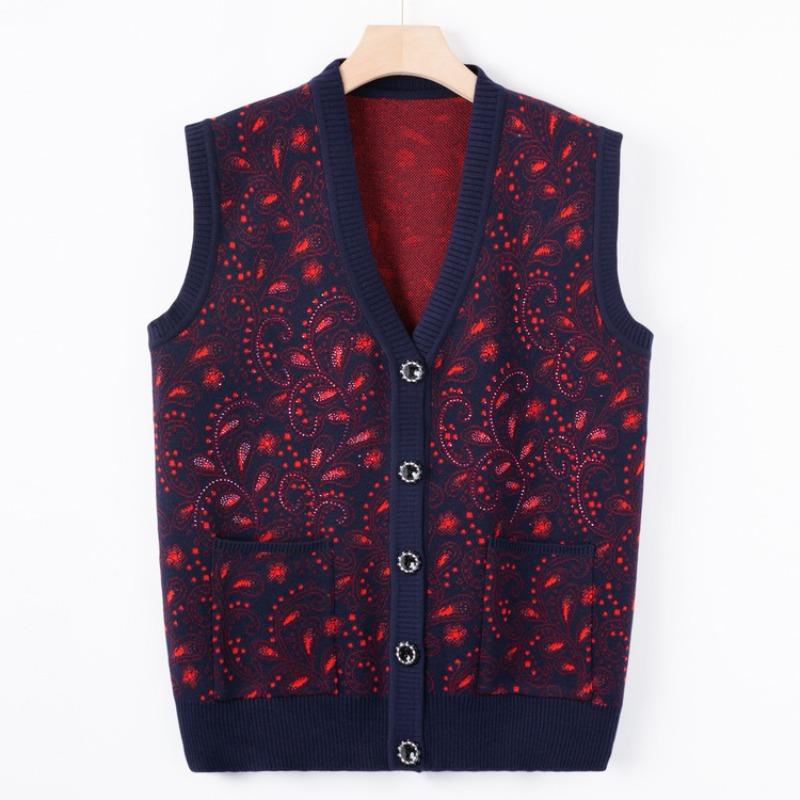 Middle-aged Elderly Knitted Sweater Vest Female Age 0 Mother Wear Autumn Sweater Vest Grandma New Warm Cardigan