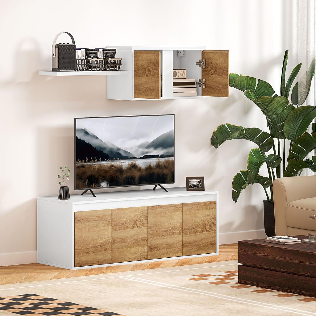 TV Cabinet and Wall Cabinet Set with 7 Shelves and Open Shelf, in Wood, 120x41x43.3 cm, White and Wood Color
