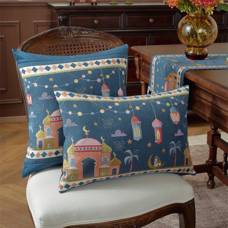 

Yard Dyed Ramadan Pillow Cover Moon Star Castle Patchwork Cushion Case Decorative Lumbar Pillow for Sofa Couch Festival Decor 30X50 pillow case