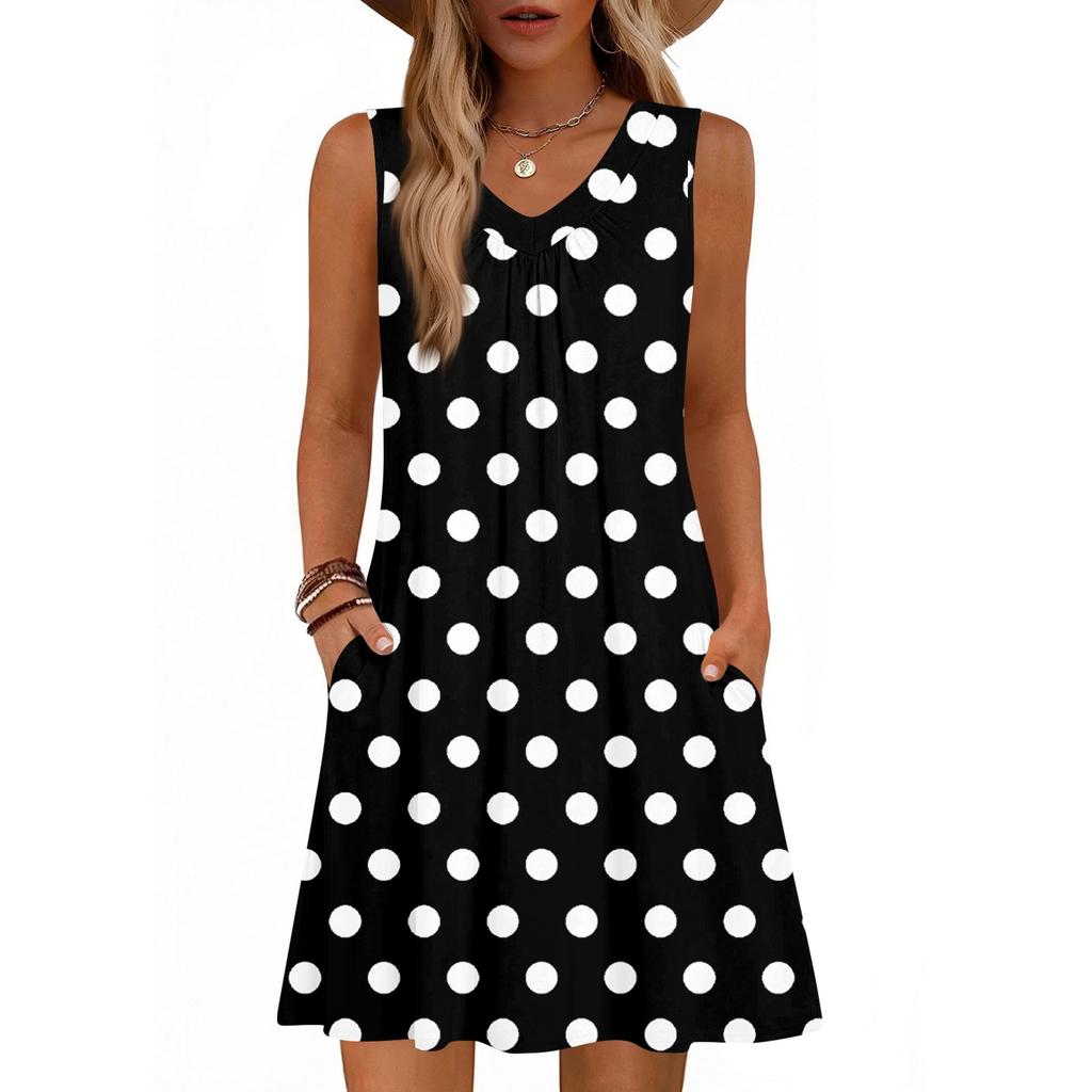Canotta Estiva Senza Maniche Scollo a V con Tasca, Stampa Moda Donna, Abito Casual Largo