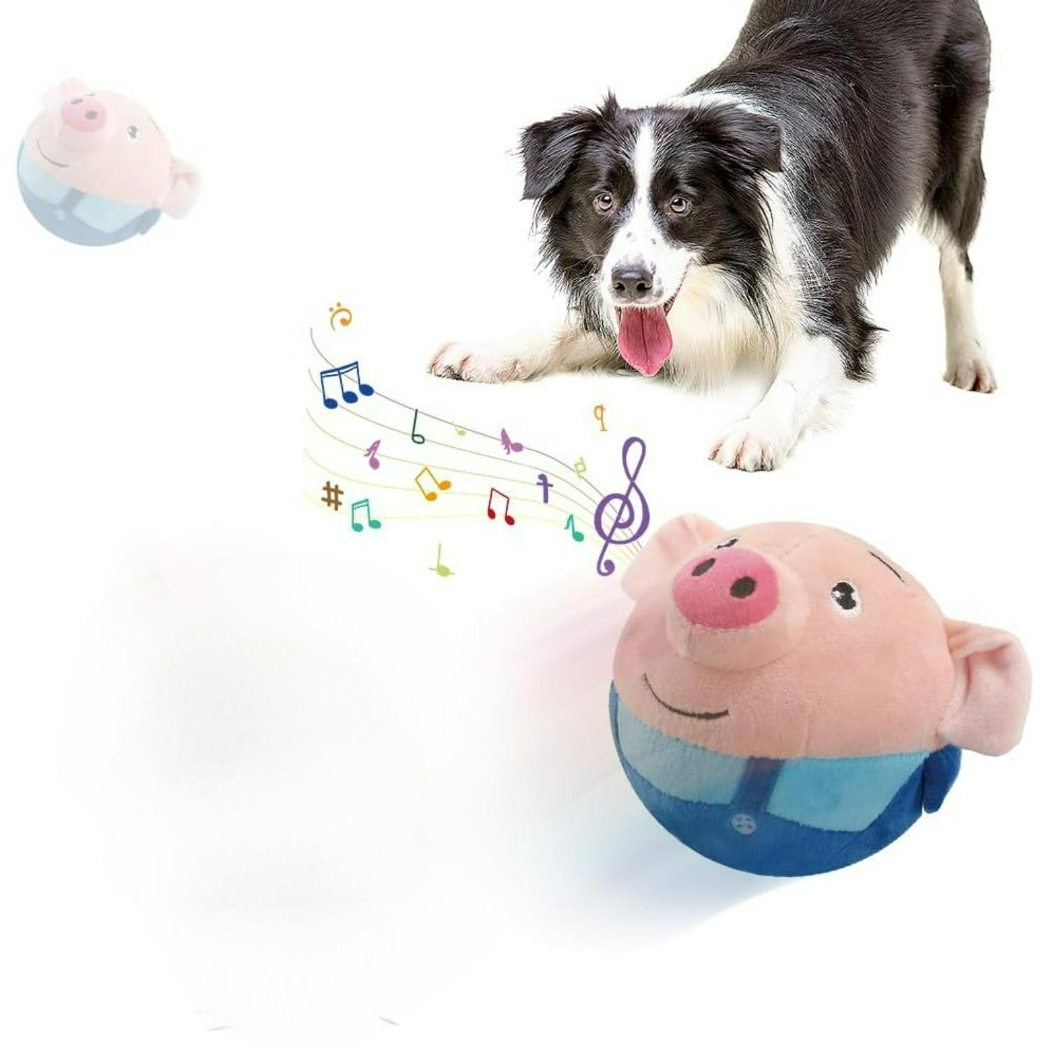 Interactive Dog Toy Active Moving Pet Plush Toy,Squeaky Moving Dog Ball Toy with Automatic Rolling Jumping Wiggling, Washable Cartoon Pig Plush Sound Blue Pig