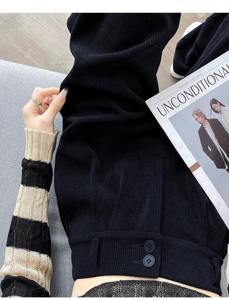 145cm Fleece-Lined High-Waisted Wide-Leg Chenille Pants - Women's XS, Petite, Black, Casual Autumn/Winter