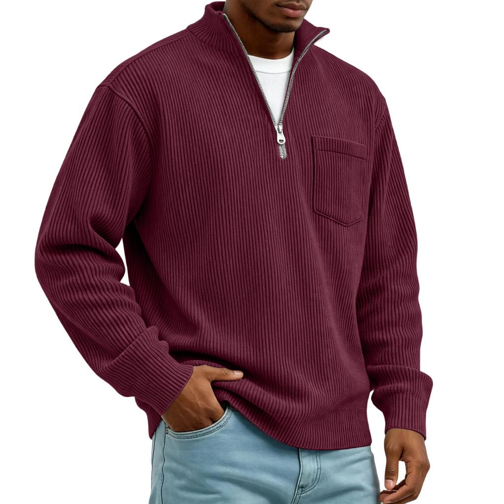 Men's Corduroy Long Sleeve Mock Neck Pullover with Front Pocket Casual Retro