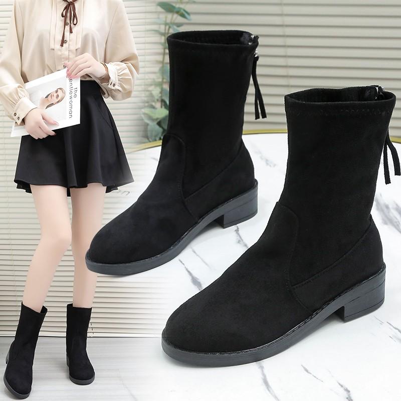Mode Neue Schuhe für Frauen Mode Reißverschluss Damenstiefel Winter Runde Zehe Solide Flock Casual Short Barrel Niedrigen Absätzen Römerschuhe Frauen