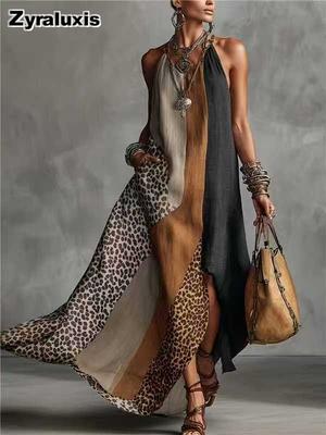 Summer Leopard Print Patchwork Maxi Dress Loose Hollow Out Skirt Beach Vacation Sundress