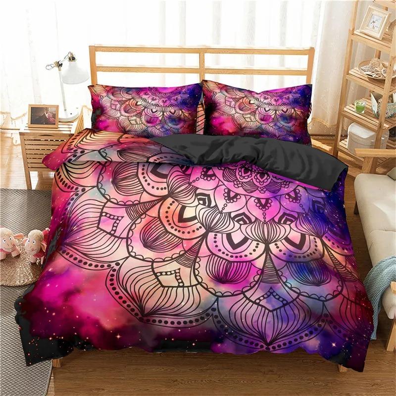 Bohemian Mandala Duvet Cover Set, Colorful Galaxy Comforter Cover Boho Chic Hippie Floral Exotic Bedding Set With 2 Pillow Case