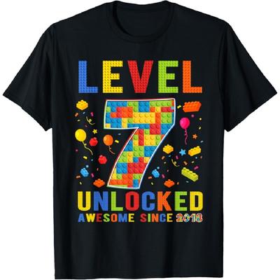 Birthday Level 7 Unlocked Awesome Since 2018 Building Blocks T-Shirt