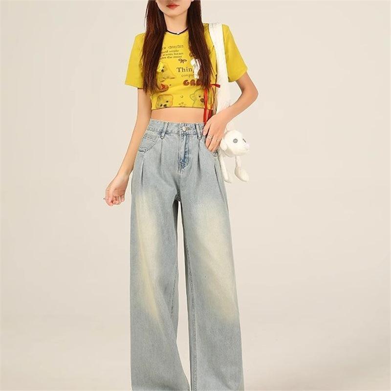 White velvet thickened jeans for women, winter new high-waisted loose straight and thin versatile floor pants