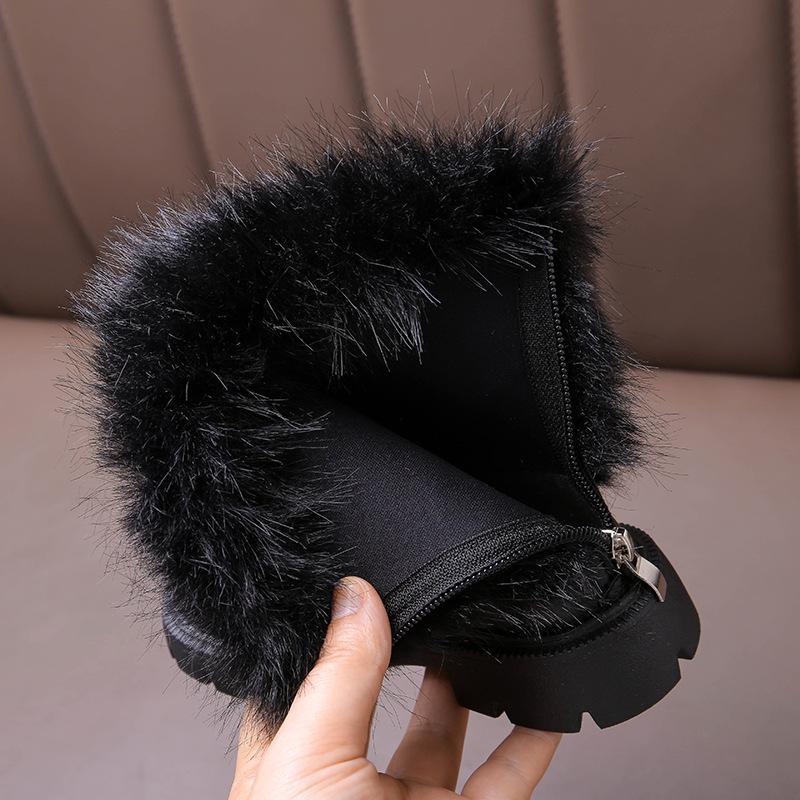 Módní dívčí kožené kozačky do půl lýtka na podzim/zimu 2025 s kožešinovou lemovkou a měkkou podrážkou