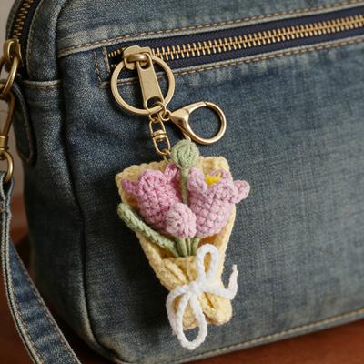 Keychain Pendant Hand Crocheted Flower Key Chain Colorful Yarn Roses Sunflower Charm Key Holder Bag Car Key Accessory