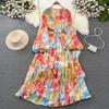 High-end Celebrity Temperament Lantern Long-sleeved V-neck Waist Thin A-word Printed Dress Elegant Pendulum Long Skirt