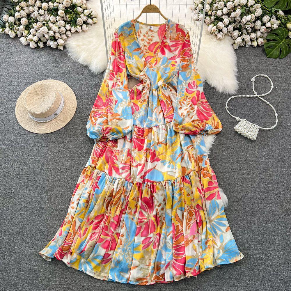 High-end Celebrity Temperament Lantern Long-sleeved V-neck Waist Thin A-word Printed Dress Elegant Pendulum Long Skirt