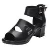 Black leather thick heel sandals women's 2025 summer versatile mid-heel back zipper middle-aged mother fish mouth high heels