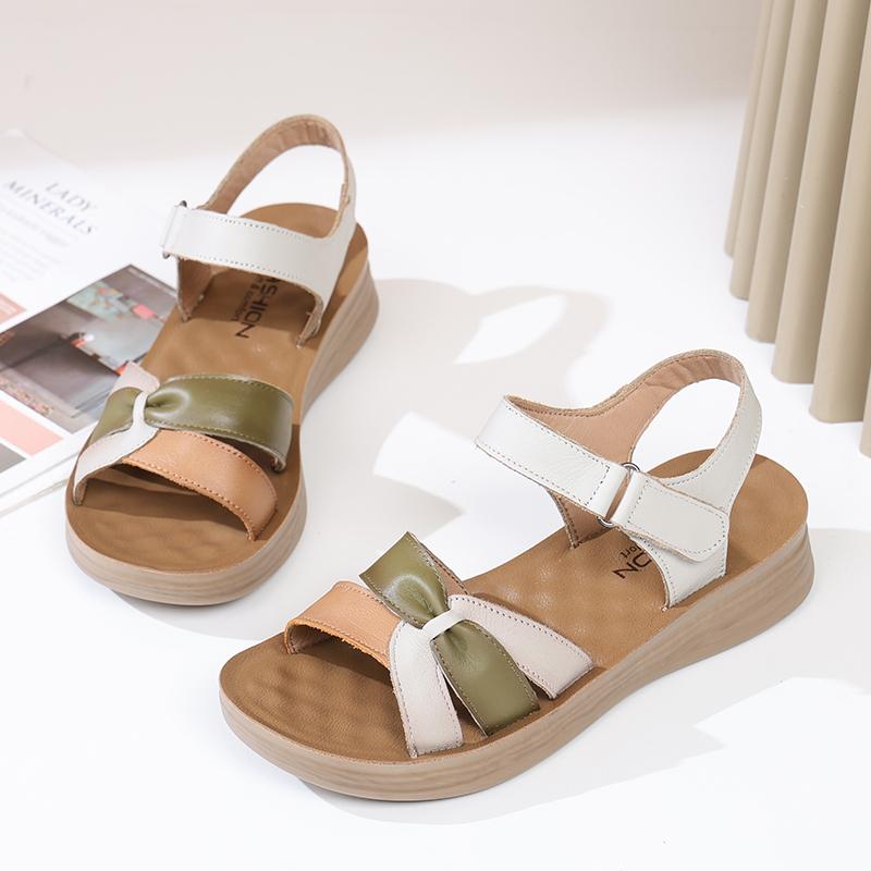 Top layer cowhide mom sandals for women's summer new soft bottom, non slip, comfortable, versatile leather flat sandals
