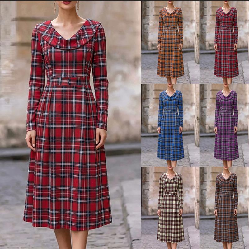 Women Loose Plaid Printed Long Sleeve Long Vintage Dress
