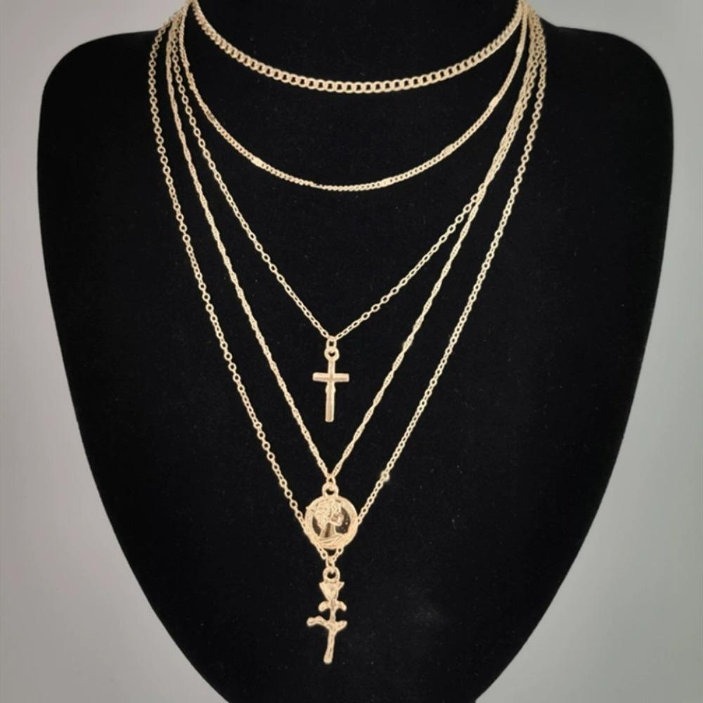 European and American Trendy Women s Multi-layer Chain Rose Necklace - Exquisite Circular Cross Pendant
