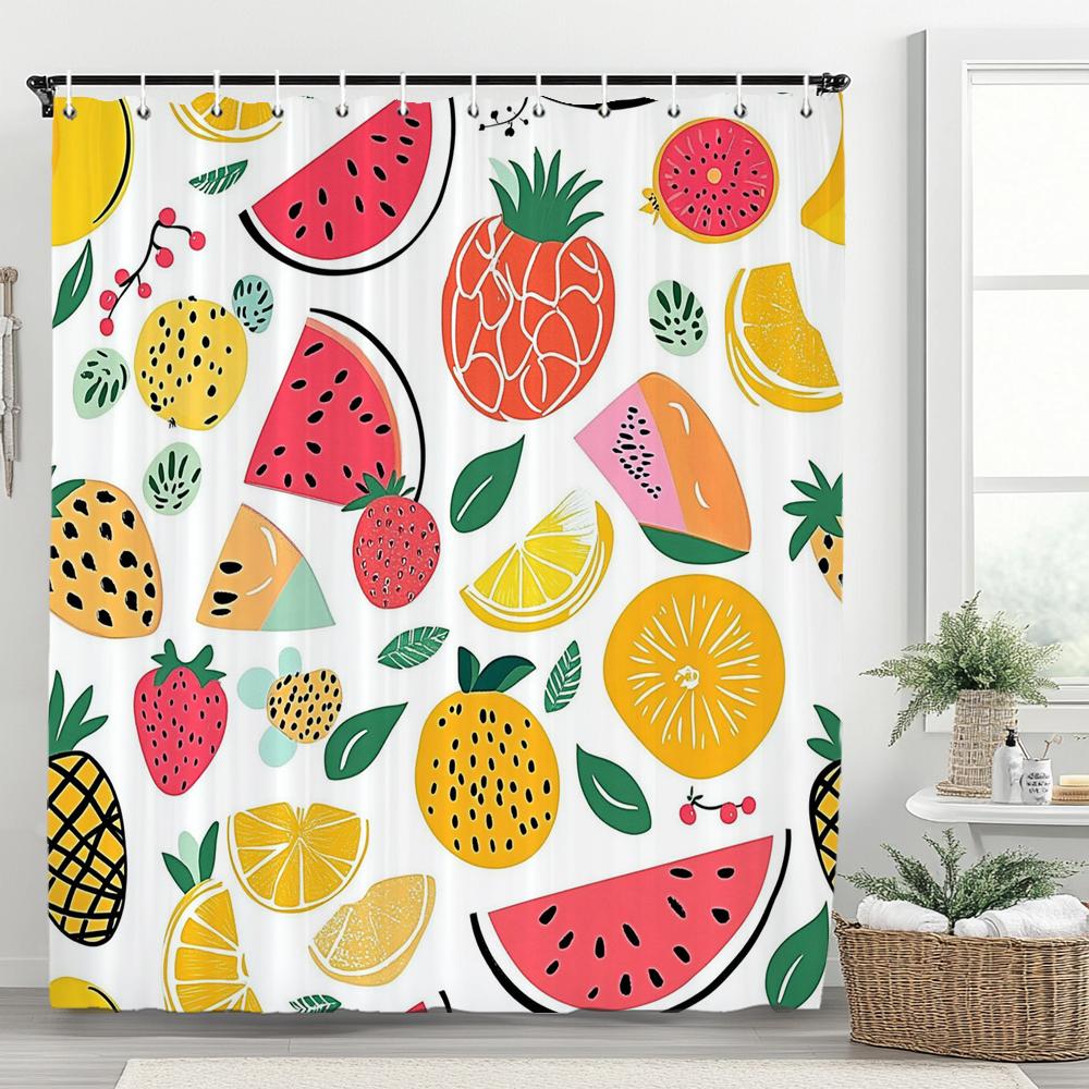 1Pc Plant Cherry Strawberry Lemon Shower Curtain, Bathroom Decorative Shower Curtain, Waterproof Shower Curtain With Hooks