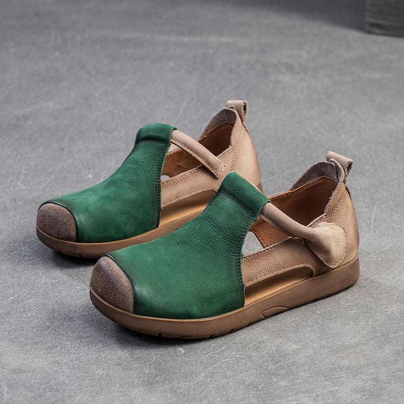 

Жіноче взуття Johnature із натуральної шкіри змішаних кольорів із круглим носком і порожнистим ретро-стилем 37 зелений