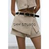 Metal Button Decorative Texture Round Neck Short Vest 2200130 with Belt Texture A- Line Skort 2201130