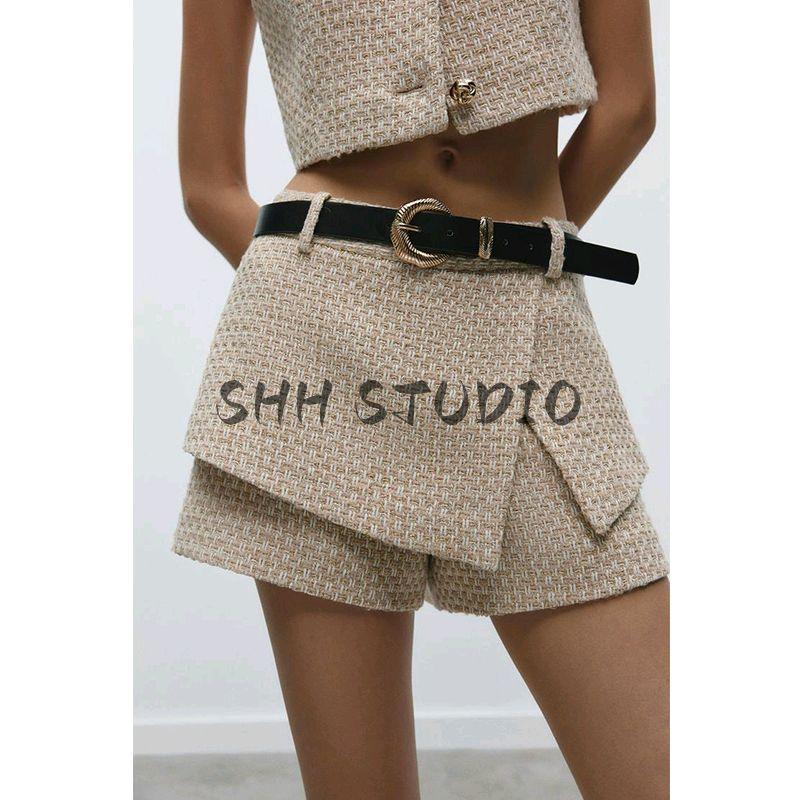 Metal Button Decorative Texture Round Neck Short Vest 2200130 with Belt Texture A- Line Skort 2201130