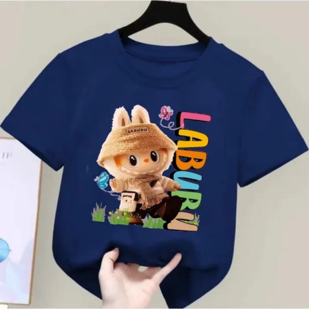 2025 Popular Children's T-shirt for Outdoor Outings LABUBU Printed Cartoon Style Round Neck Short Sleeved Cute Girl's Top