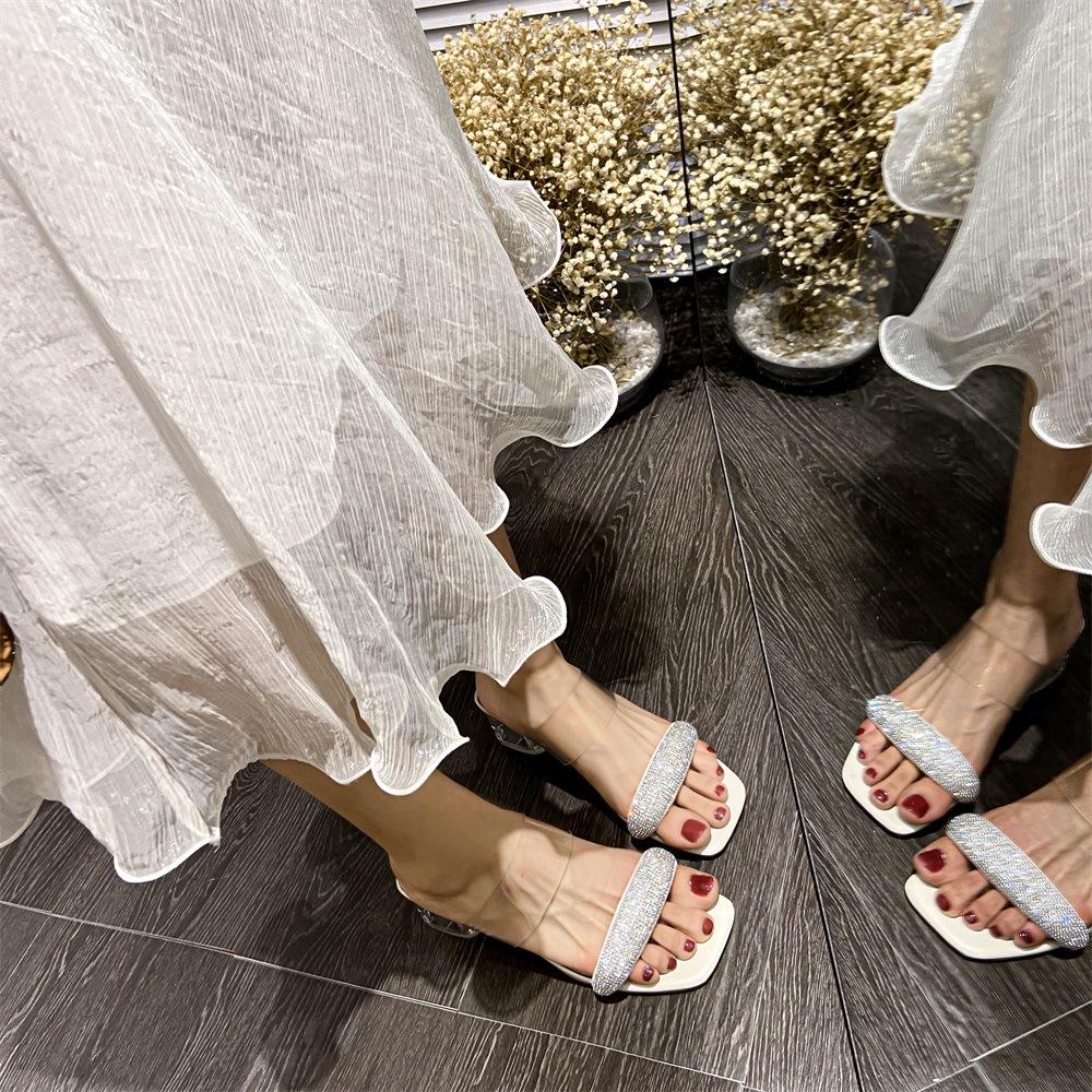 Z008 crystal high-heeled slippers 2025 summer rhinestone one-word sandals Korean version square head thick-heeled cool slippers women