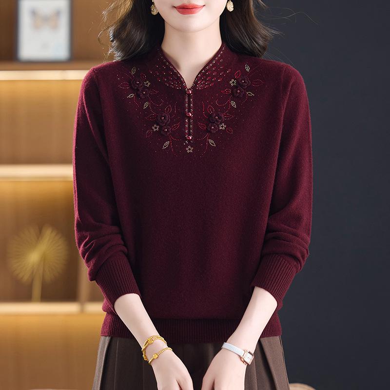 Stylish Qipao Collar 100% Wool Sweater for Middle-Aged & Elderly Women - Warm Winter Knitwear