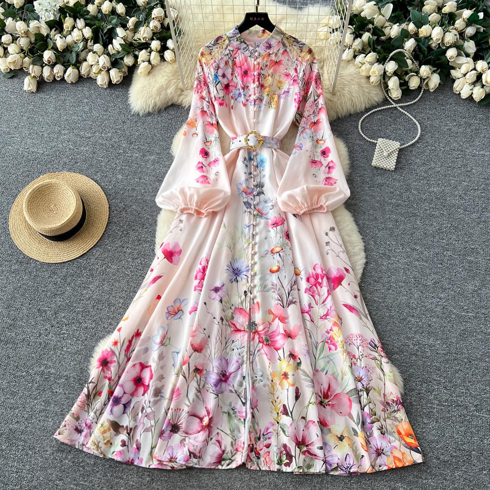 Spring Summer Fashion Vintage Flower Maxi Dress Women's Stand Collar Long Lantern Sleeve Single Breasted Floral Print Belt Slim Boho Dress