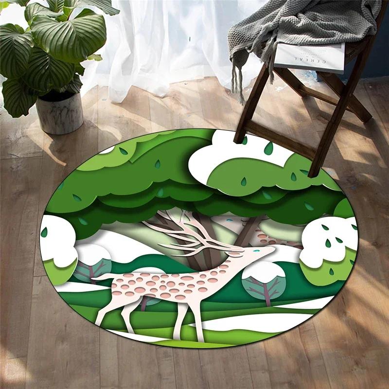 Forest Deer Round Carpet Soft Cartoon Rug Non-Slip Circle Floor Mat for Living Room Bedroom Sofa Bathroom Children's Dorm Decor
