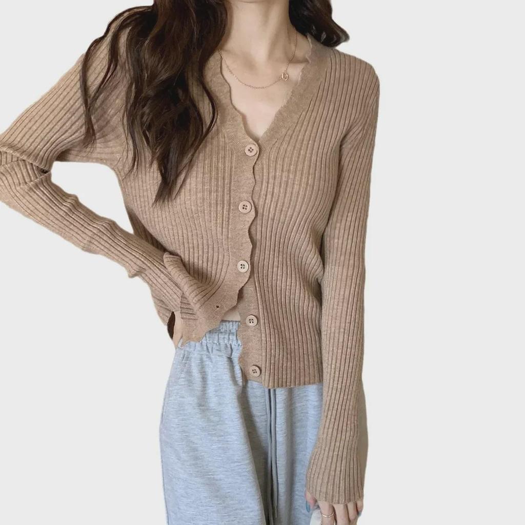 Autumn Korean V-Neck Slim Fit Core-Spun Yarn Cardigan Sweater for Women