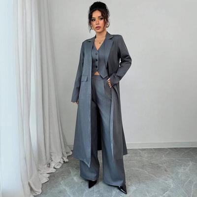 Traje de Commuter para Mujer Europeo y Americano: Chaleco de Cuello en V con Botones, Abrigo Largo y Pantalones Casuales (Colección 2025)