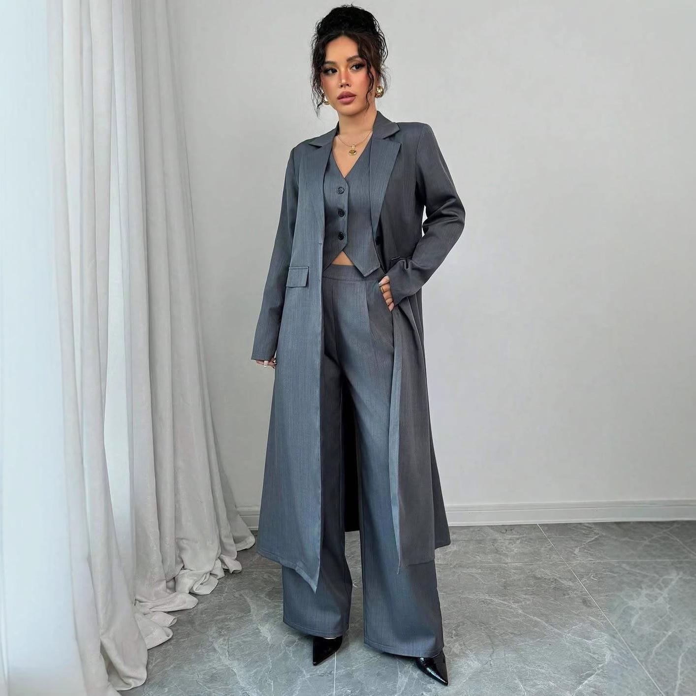 

Європейський та Американський Жіночий Жилет з V-подібним вирізом на Ґудзиках, Довгий Пальто та Повсякденні Штани, Костюм для Подорожей (Колекція 2025 року) XS