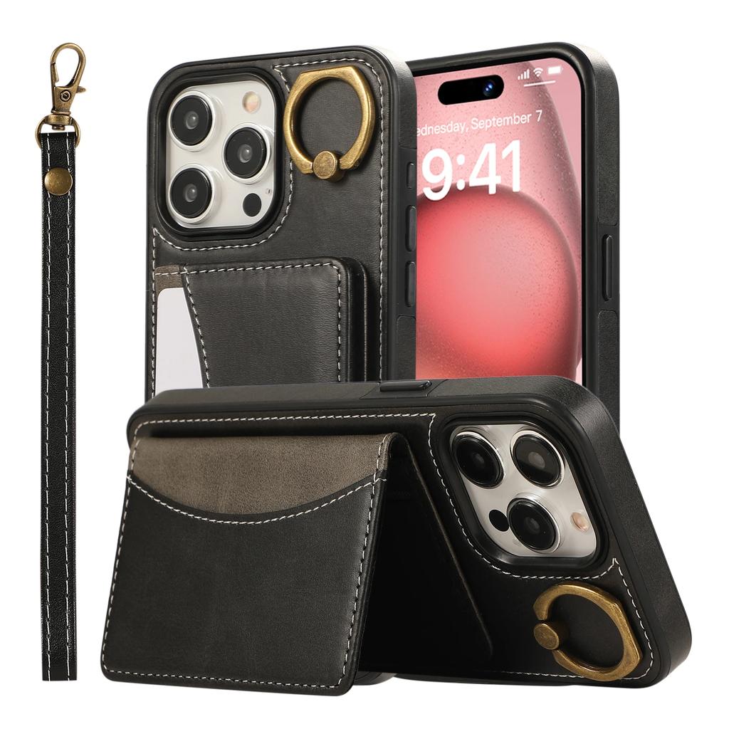 Cards Bag Ring Holder Leather Wallet Case For iPhone 15 16 Pro Max 14 Plus 13 12 11 XS XR SE 2025 Stand Strap Solt Purse Cover