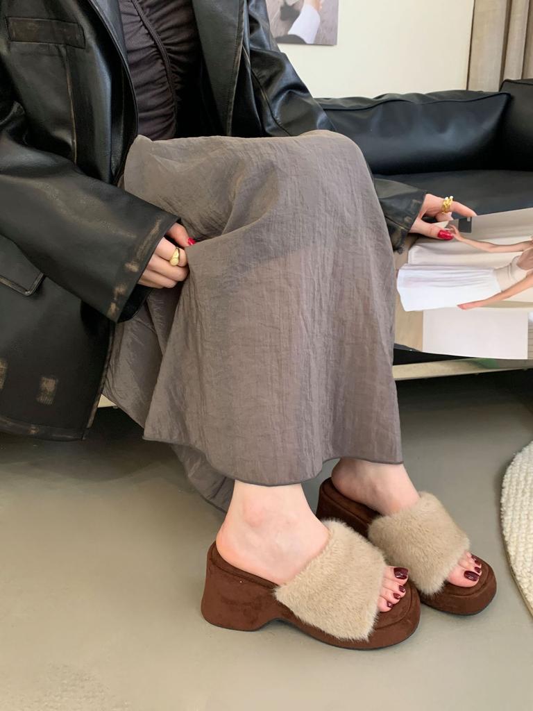 French fashion leopard print thick high-heeled cotton slippers women's 2025 autumn and winter new gentle square head one-word fluffy slippers