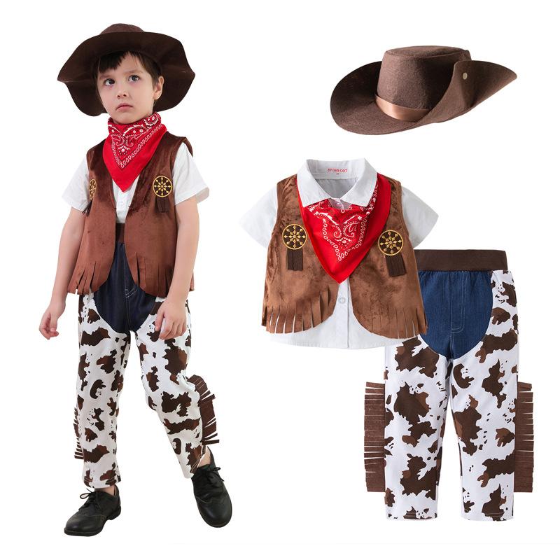 For Baby Boys Western Cowboy Romper Sets with Scarf and Hat Toddler Carnival Fancy Dress Cosplay Party Costume Infant Outfit