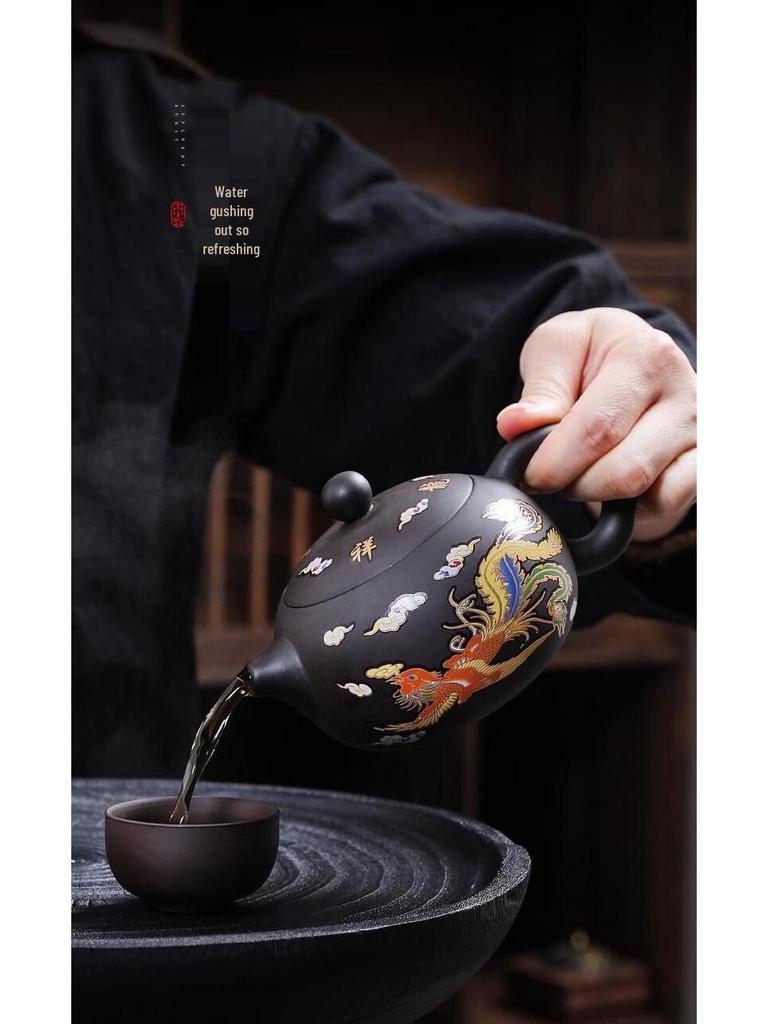 Heat-Sensitive Color-Changing Zisha Dragon & Phoenix Teapot with Bird Sound Water Outlet