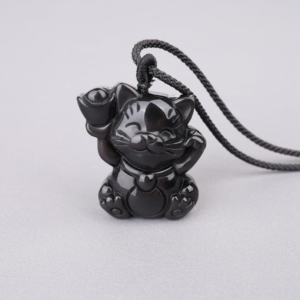 Glückskatze Obsidian Glückskraft Stein Halskette Unisex [Koai]