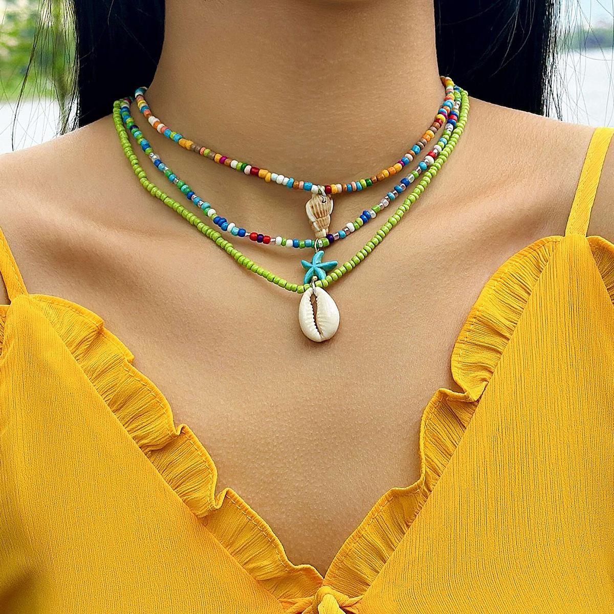 Bohemian Conch Shell Necklace Rice Bead Set, Beach Wind Devil s Eye Necklace Set