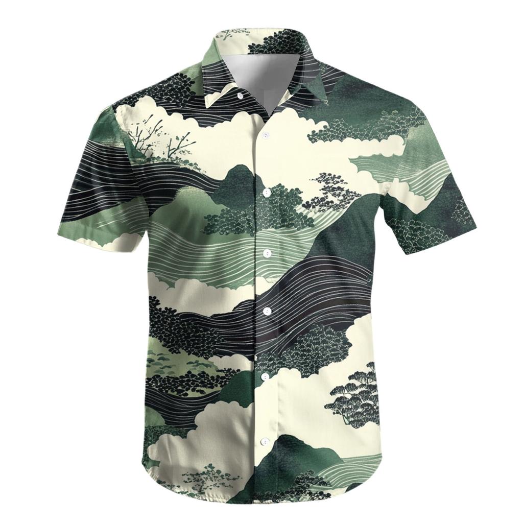 Men's Fashion Printed Satin Short Sleeve Shirt Top