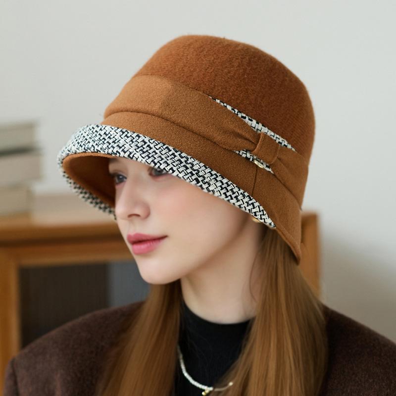 Nový dámský zimní klobouk bucket Módní malý kostkovaný vlněný klobouk kbelíkový Venkovní cestovní teplý klobouk